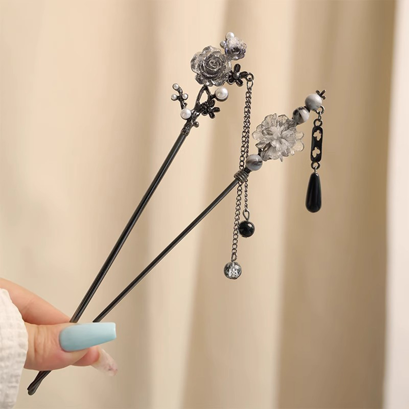 エレガントな花のヘアスティックフォーク合金ヘアクリップビーズ - Women Accessories Chain のレビューと価格