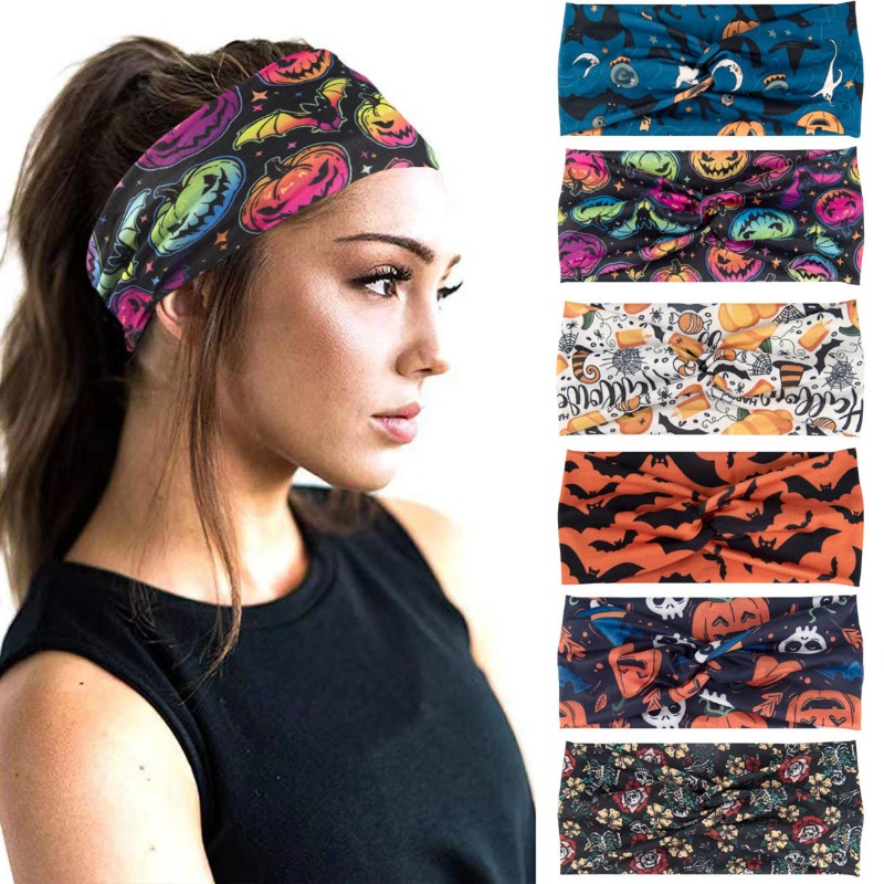ボヘミアンプリントのワイドヘッドバンド,頭蓋骨,カボチャ,あ - Women'S Yoga Accessories のレビューと価格