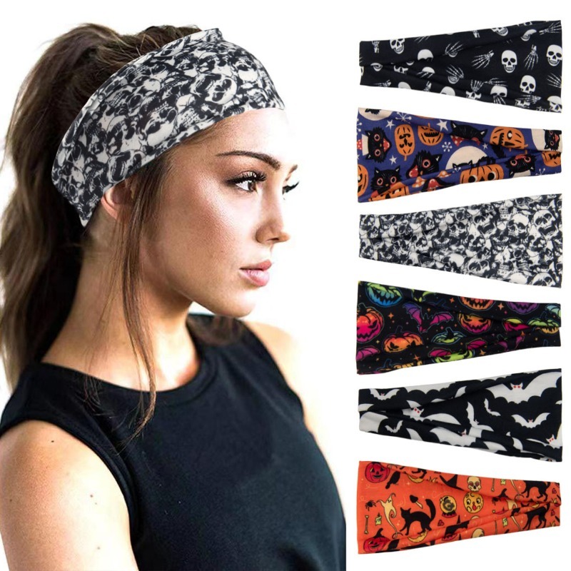 ボヘミアンプリントのワイドヘッドバンド,頭蓋骨,カボチャ,あ - Women'S Yoga Accessories のレビューと価格