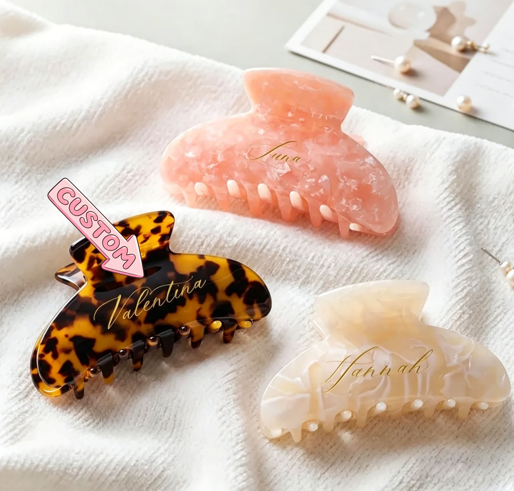 パーソナライズされたヒョウ柄ヘアクロウクリップ、カスタム名彫 - Women Accessories Name のレビューと価格